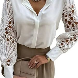 Chic White Satin Blouse with Statement Crochet Lace Sleeves